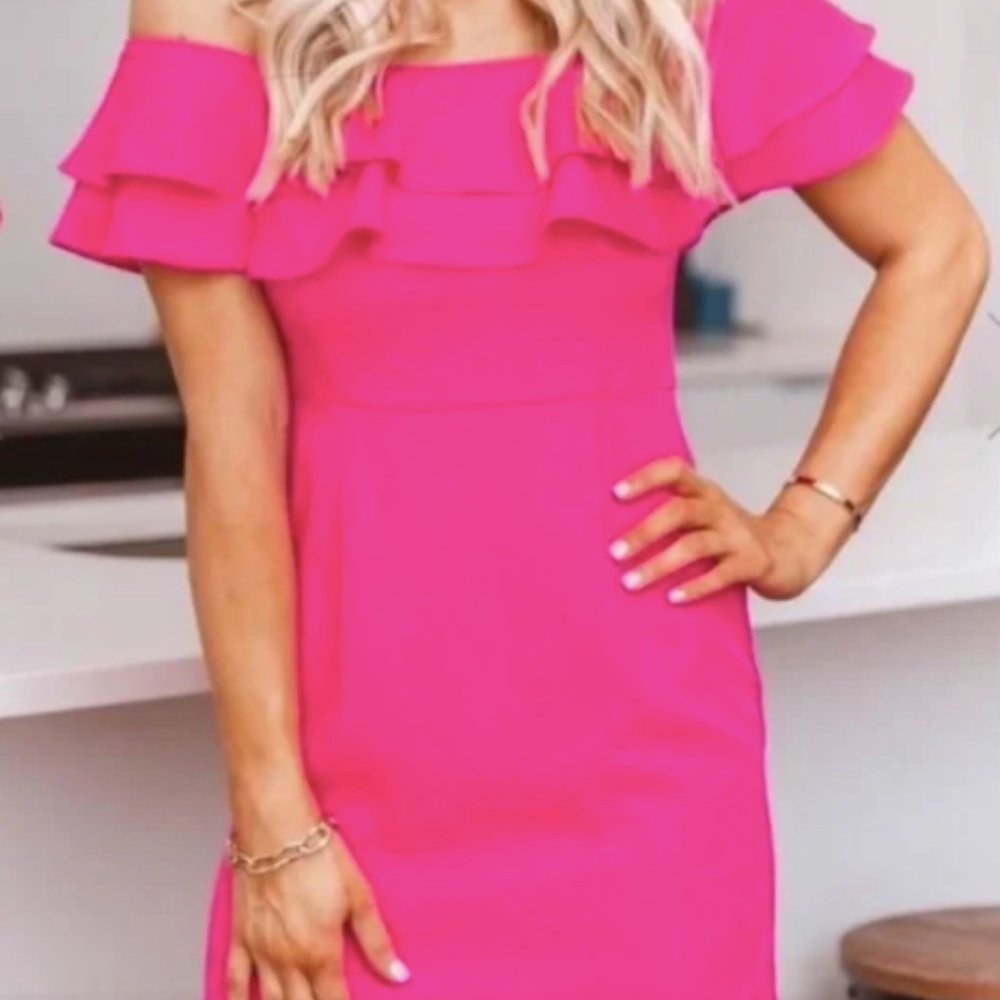 Pink Lily- Ruffle off the shoulder Hot Pink Dress- Never Worn